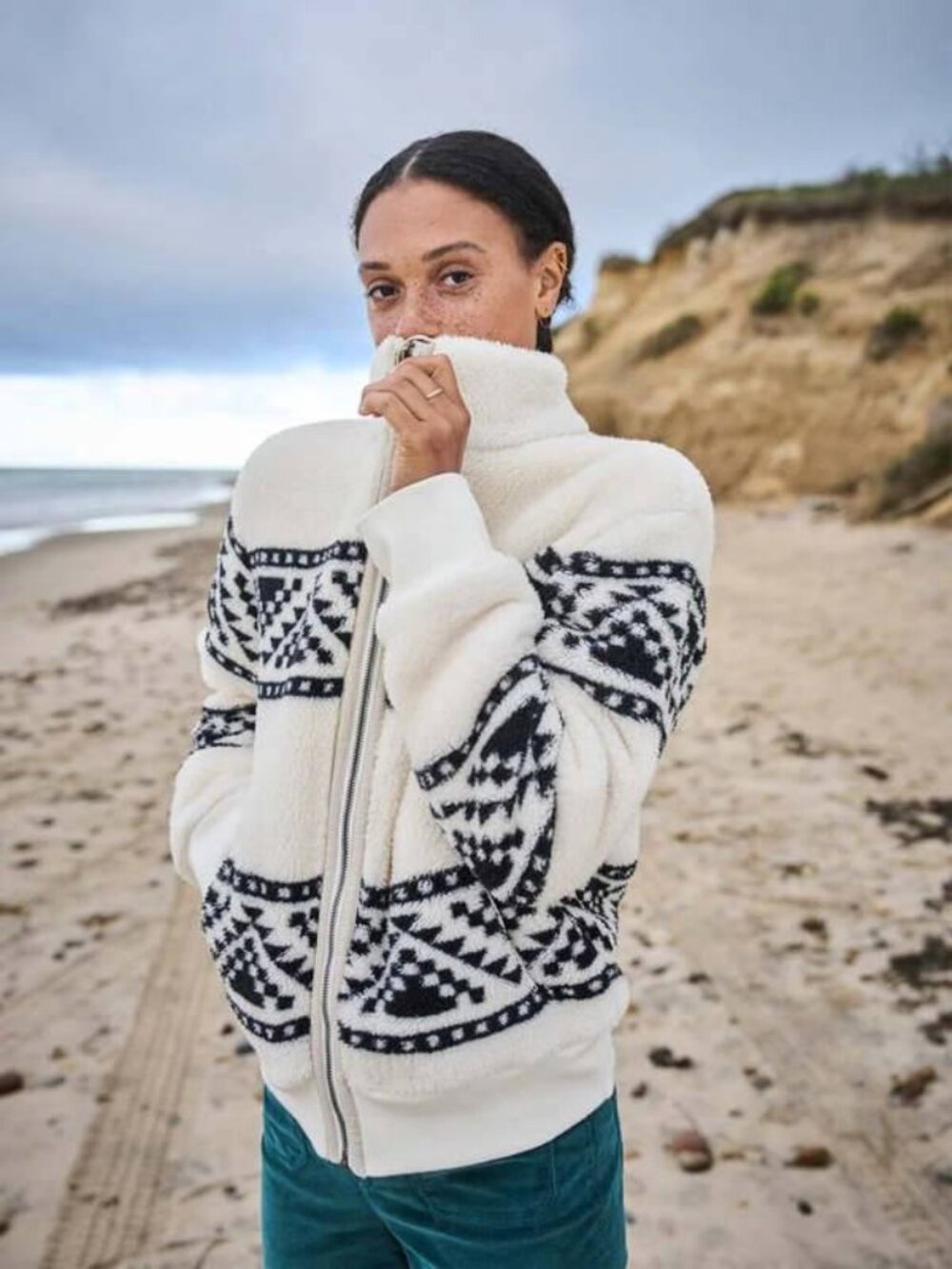 Faherty B.Yellowtail High Pile Sherpa Fleece Jacket Cream Black Aztec Print S
